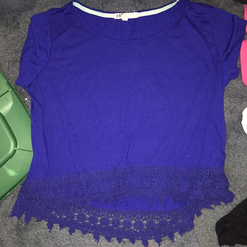 Blue Cropped Top With Lace Like Detail At Bottom